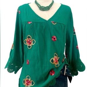 NWT - Anthropologie KINDRED -Elegant Green Embroidered Blouse